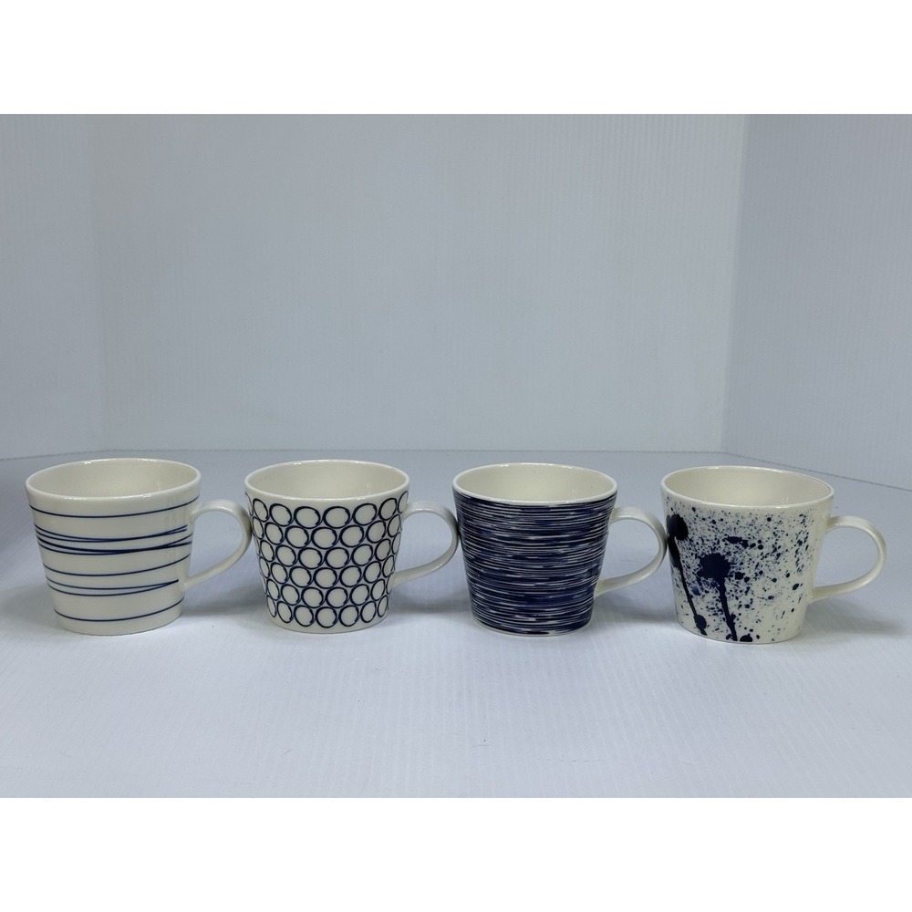 Set Of 4 Royal Doulton London 1815 Pacific Mugs White Blue Pattern Porcelain